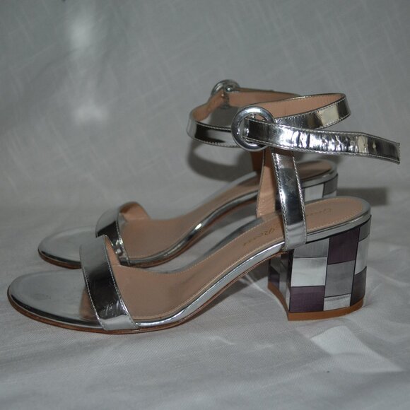 $845 Sz 37 6.5 Gianvito Rossi Silver Square Detail Strappy 2.5" Block He… - Picture 1 of 10